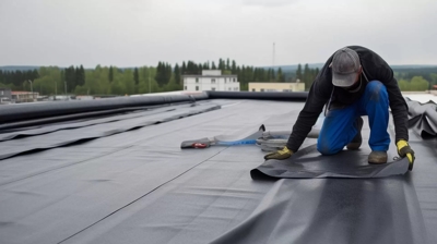 hombre arrodillado en un tejado y colocando escudo de hielo y agua