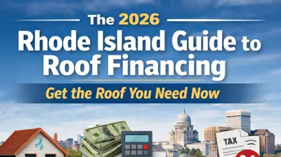 Infografía que muestra la guía de Rhode Island para la financiación de tejados en 2026, incluyendo los costes de sustitución de tejados, la financiación de contratistas, los préstamos personales y las opciones de préstamos con garantía hipotecaria para propietarios.