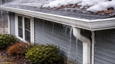 Overflowing gutter on a Rhode Island home as melting snow and rain cause water runoff and foundation puddling during Mud Season.