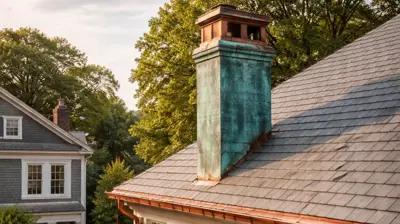 Historic home roof with green patina copper chimney flashing, copper gutters, and copper bay window roof on a traditional New England house.
