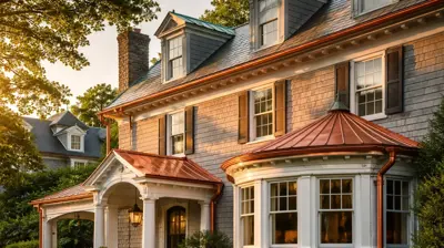 Historic Rhode Island home with copper roof, bay window, and portico glowing in afternoon light.