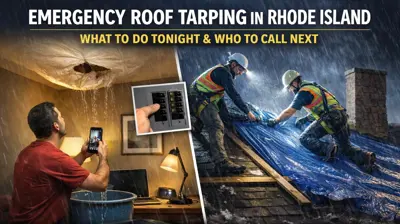 Rhode Island emergency roofer installing a reinforced roof tarp after storm damage.