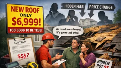 Homeowners in Rhode Island comparing a fake “$6,999 roof” ad with real unexpected roofing costs, illustrating deceptive roofing offers and the value of honest estimates from Mighty Dog Roofing of Rhode Island.