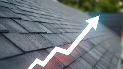 Techador profesional inspeccionando tejas con un gráfico de precios al alza superpuesto, que simboliza el aumento del coste de los materiales para tejados en 2025. Tecnología de drones de Mighty Dog Roofing en segundo plano.