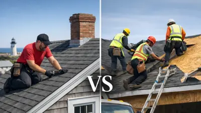 Local roofer inspecting shingles on a Rhode Island home compared to national roofing crew installing a roof on a residential property