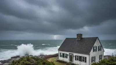 Casa costera en Newport, Rhode Island, con lluvia impulsada por el viento durante una tormenta del noreste y un borde de techo de tejas de asfalto seguro.