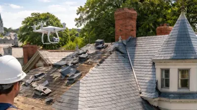 Drone inspection of a historic Rhode Island Victorian home showing slate roof damage for HDC approval and compliant roof replacement planning