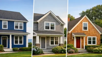 Rhode Island homes with different siding materials: vinyl, polymer cedar impressions, and natural cedar.
