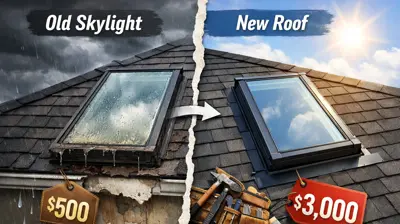 Old and new skylight comparison showing why homeowners should replace skylights during roof replacement in Rhode Island.