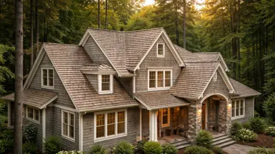 New England-style home in Smithfield RI with composite cedar shake roof surrounded by trees, showing natural wood look without maintenance.