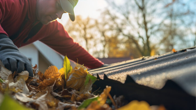 Un techador profesional limpia los canalones de otoño