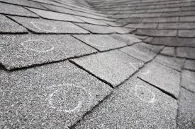 Close-up of hail impact damage showing granule loss and mat fractures on asphalt shingles in Wheat Ridge, CO