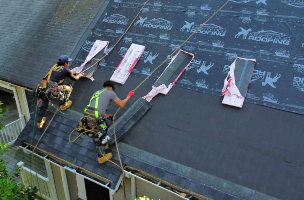 Un experto Mighty Dog Roofing inspeccionar una casa en Ayer, MA, utilizando equipos profesionales para el servicio de techado de primer nivel.