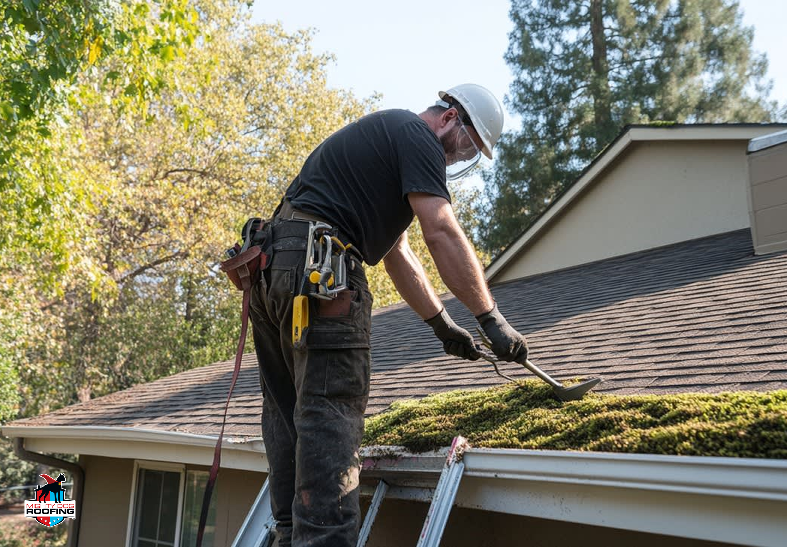 Contratista de tejados eliminando musgo y algas